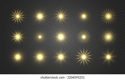 Flare with golden rays of light and magic sparkles. Bright star spark. Abstract yellow rays will raise. Transparent glitter gradient gloss, bright flash. Gold shining sun with sparkle rays. Vector.