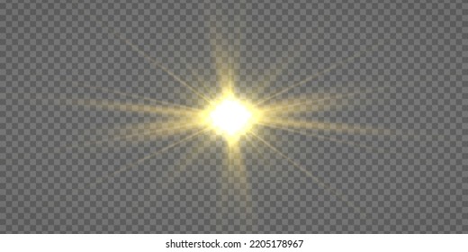 Flare with golden rays of light and magic sparkles. Bright star spark. Abstract yellow rays will raise. Transparent glitter gradient gloss, bright flash. Gold shining sun with sparkle rays. Vector.