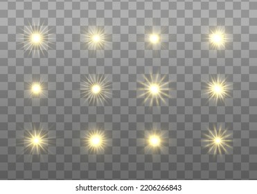 Flare mit goldenen Strahlen des Lichts und Zaubersprüche. Heller Sternenfunke. Abstrakte gelbe Strahlen heben sich an. Transparenter Glitzerglanz, heller Blitz. Goldene Sonne mit funkelnden Strahlen. Vektorgrafik.