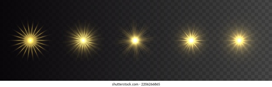 Flare with golden rays of light and magic sparkles. Bright star spark. Abstract yellow rays will raise. Transparent glitter gradient gloss, bright flash. Gold shining sun with sparkle rays. Vector.