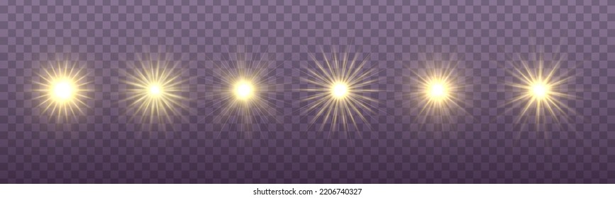 Flare with golden rays of light and magic sparkles. Bright star spark. Abstract yellow rays will raise. Transparent glitter gradient gloss, bright flash. Gold shining sun with sparkle rays. Vector.