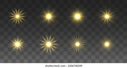 Flare with golden rays of light and magic sparkles. Bright star spark. Abstract yellow rays will raise. Transparent glitter gradient gloss, bright flash. Gold shining sun with sparkle rays. Vector.