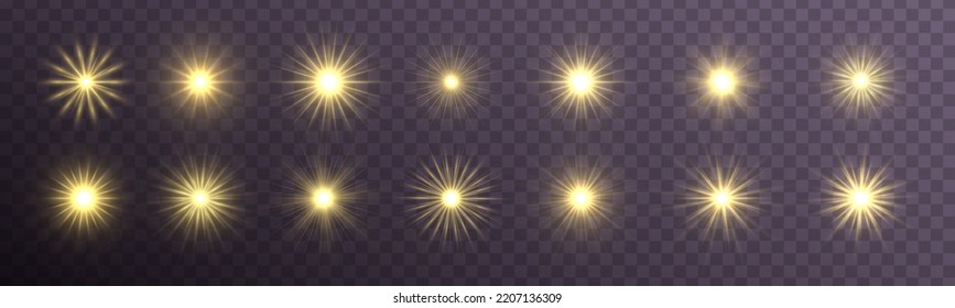Flare with golden rays of light and magic sparkles. Bright star spark. Abstract yellow rays will raise. Transparent glitter gradient gloss, bright flash. Gold shining sun with sparkle rays. Vector.