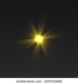 Flare with golden rays of light and magic sparkles. Bright star spark. Abstract yellow rays will raise. Transparent glitter gradient gloss, bright flash. Gold shining sun with sparkle rays. Vector.