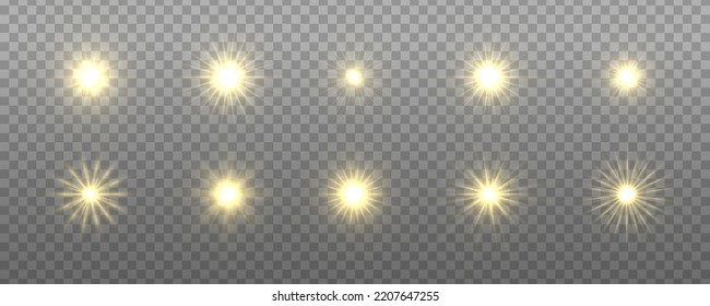Flare con rayos dorados de luz y destellos mágicos. Estrella brillante. Los rayos amarillos abstractos aumentarán. Brillo transparente de gradiente de brillo, flash brillante. Sol dorado brillante con rayos brillantes. Vector.