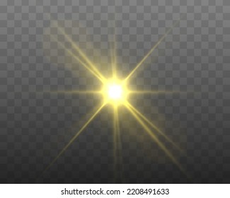 Flare with golden rays of light and magic sparkles. Bright star spark. Abstract yellow rays will raise. Transparent glitter gradient gloss, bright flash. Gold shining sun with sparkle rays. Vector.