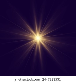 Flare with golden rays of light and magic sparkles. Bright star spark. Abstract yellow rays will raise. Transparent glitter gradient gloss, bright flash. Gold shining sun with sparkle rays. Vector.