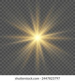Flare with golden rays of light and magic sparkles. Bright star spark. Abstract yellow rays will raise. Transparent glitter gradient gloss, bright flash. Gold shining sun with sparkle rays. Vector.