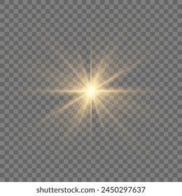 Flare with golden rays of light and magic sparkles. Bright star spark. Abstract yellow rays will raise. Transparent glitter gradient gloss, bright flash. Gold shining sun with sparkle rays. Vector.