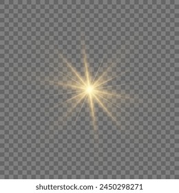 Flare with golden rays of light and magic sparkles. Bright star spark. Abstract yellow rays will raise. Transparent glitter gradient gloss, bright flash. Gold shining sun with sparkle rays. Vector.