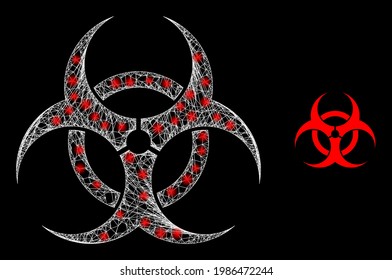 Flare hatched biohazard with glowing spots. Wire carcass 2D mesh generated with crossing white lines and biohazard icon. White mesh and sparkle carcass mesh biohazard on a black background.
