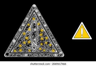 Flare hatched danger triangle with glowing spots. Linear frame 2D mesh generated with intersected white lines and danger triangle icon.