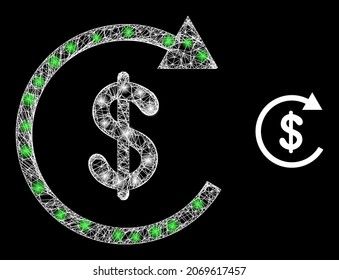 Flare hatched dollar repay with glowing spots. Linear frame flat mesh generated with crossing white lines and dollar repay icon. White mesh and sparkle carcass mesh dollar repay on a black background.