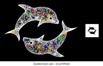 Flare hatched mesh dolphin pair with multi colored glowing spots. Illuminated vector framework created from dolphin pair pictogram. Sparkle carcass mesh dolphin pair, on a black backgound.