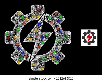 Flare hatched mesh electrical industry with vibrant flash nodes. Illuminated vector mesh created from electrical industry icon. Sparkle constellation mesh electrical industry, on a black backgound.