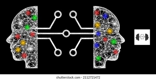 Flare hatched mesh human network links with colorful bright dots. Illuminated vector carcass created from human network links pictogram. Sparkle frame mesh human network links, on a black backgound.