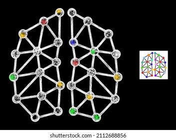 Flare hatched mesh neural network with vibrant light dots. Illuminated vector model created from neural network pictogram. Sparkle constellation mesh neural network, on a black backgound.