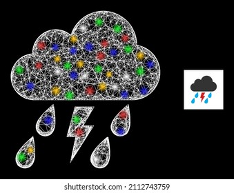 Flare hatched mesh thunder storm cloud with multi colored flash nodes. Illuminated vector frame created from thunder storm cloud icon. Sparkle frame polygonal thunder storm cloud,