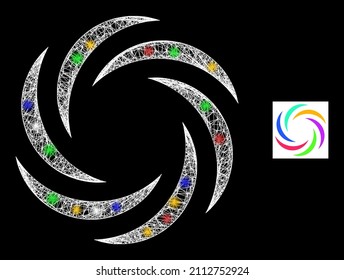 Flare hatched mesh whirl rotation with multicolored light spots. Illuminated vector frame created from whirl rotation pictogram. Sparkle frame mesh whirl rotation, on a black backgound.