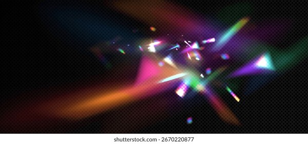 Prismeneffekt mit Regenbogen-Lichtbrechung und bunter Kristalldispersion auf dunklem Hintergrund für optisches Design. Irisierende Strahlen, spektrale Strahlen und leuchtende Fragmente für Foto-Overlay