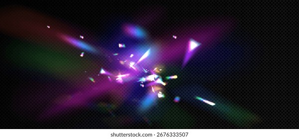 Efeito de prisma de lente flare com refração de luz arco-íris e dispersão de cristal colorido no fundo escuro para design óptico. Feixes iridescentes, raios espectrais e fragmentos brilhantes para sobreposição de fotos