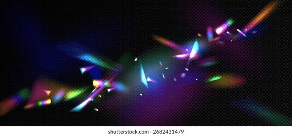 Prismeneffekt mit Regenbogen-Lichtbrechung und bunter Kristalldispersion auf dunklem Hintergrund für optisches Design. Irisierende Strahlen, spektrale Strahlen und leuchtende Fragmente für Foto-Overlay