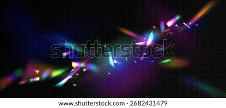 Flare lens prism effect with rainbow light refraction and colorful crystal dispersion on dark background for optical design. Iridescent beams, spectral rays and glowing fragments for photo overlay