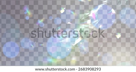 Flare lens prism overlay with rainbow light effect and transparent background for design. Iridescent bokeh circles with crystal refraction patterns. Holographic optical elements for photo editing.
