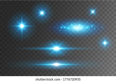 Flare Light Effect Isolated On Transparent Background. Blue Flash Lense Rays And Spotlight Beams Set. Glow Star Burst With Sparkles
