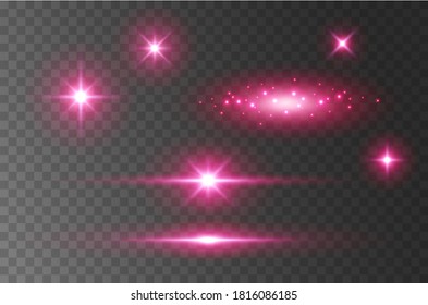 Flare light effect isolated on transparent background. Pink flash lense rays and spotlight beams set. Glow star burst with sparkles
