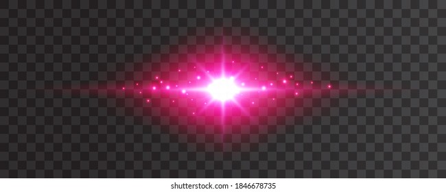 Flacher Lichteffekt einzeln auf transparentem Hintergrund. Rosa Blitzlichtstrahlen und Funken. Zauberhafte Sternenstrahlen brechen mit Funken aus