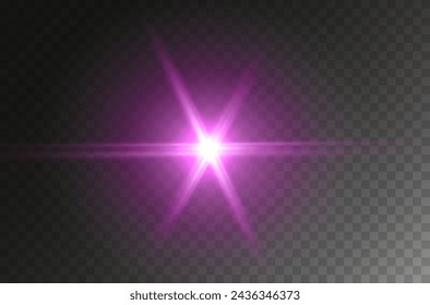 Streulicht-Effekt auf transparentem Hintergrund isoliert. Pinkfarbene Blitzlinsenstrahlen und Spotlichtstrahlen Vorlage. Glow purple magic star geplatzt