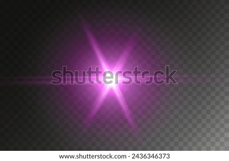 Flare light effect isolated on transparent background. Pink flash lense rays and spotlight beams template. Glow purple magic star burst
