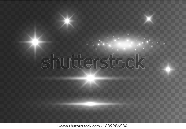 Flare light effect isolated on\
transparent background. Sun flash lense rays and spotlight  beams\
set. Glow star burst with sparkles or flare car\
highlight.\
