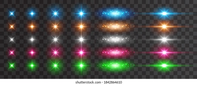 Flare Light Effect Set Isolated On Transparent Background. Blue, White, Gold, Silver, Pink, Green Flash Lense Rays And Spotlight Beams. Glow Star Burst With Sparkles