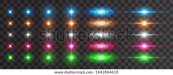 Flare light effect set\
isolated on transparent background. Blue, white, gold, silver,\
pink, green flash lense rays and spotlight beams. Glow star burst\
with sparkles