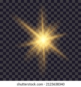 Flare light. Glare golden lens effect isolated on transparent background. Bright spark star, glitter spark of sun or camera. Shining sunlight ray. Magic burst beam. Vector.