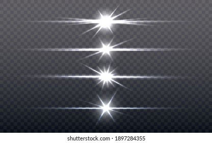 Flare light set. Silver glowing light on transparent background. Bright stars collection. Optical sun flash effect. Shining elements collection for advertisement. Vector illustration.