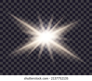 Luz de vuelo. Luz de bengala blanca. Estrella brillante aislada en un fondo transparente. Un resplandor de lente. Chispa de brillo. Flash de cámara. Rayo luminoso. Rayo de ráfaga mágica. Vector.