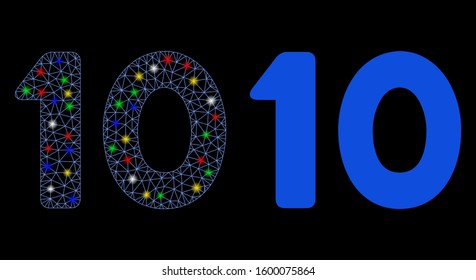 Flare mesh 10 digits text icon with glare effect. Abstract illuminated model of 10 digits text. Shiny wire frame triangular mesh 10 digits text icon. Vector abstraction on a black background.