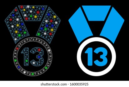 Flare mesh 13th place medal icon with sparkle effect. Abstract illuminated model of 13th place medal. Shiny wire carcass triangular mesh 13th place medal icon.