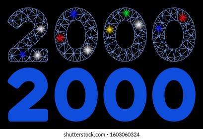 Flare mesh 2000 digits text icon with glare effect. Abstract illuminated model of 2000 digits text. Shiny wire frame polygonal mesh 2000 digits text icon. Vector abstraction on a black background.