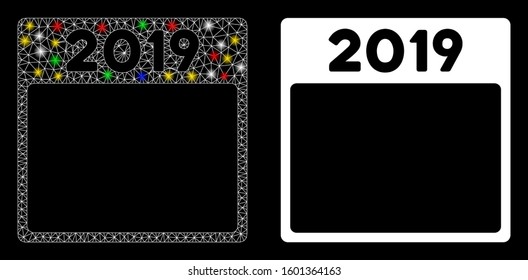 Flare mesh 2019 year calendar page icon with glitter effect. Abstract illuminated model of 2019 year calendar page. Shiny wire carcass triangular network 2019 year calendar page icon.