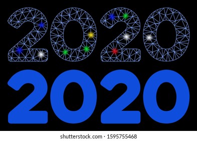 Flare mesh 2020 digits text icon with glare effect. Abstract illuminated model of 2020 digits text. Shiny wire frame triangular mesh 2020 digits text icon. Vector abstraction on a black background.