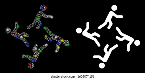 Flare mesh 4 moving men icon with sparkle effect. Abstract illuminated model of 4 moving men.  Vector abstraction on a black background.