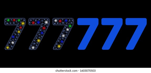 Flare mesh 777 digits text icon with lightspot effect. Abstract illuminated model of 777 digits text. Shiny wire carcass polygonal mesh 777 digits text icon. Vector abstraction on a black background.