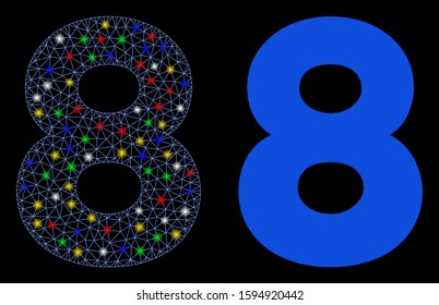 Flare mesh 8 digit icon with lightspot effect. Abstract illuminated model of 8 digit. Shiny wire carcass triangular mesh 8 digit icon. Vector abstraction on a black background.