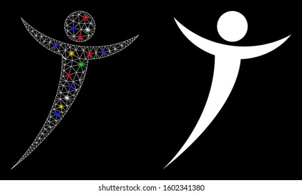 Flare mesh abstract man icon with glare effect. Abstract illuminated model of abstract man. Shiny wire frame triangular mesh abstract man icon. Vector abstraction on a black background.