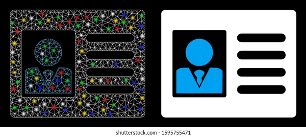 Flare mesh account card icon with glow effect. Abstract illuminated model of account card. Shiny wire frame triangular mesh account card icon. Vector abstraction on a black background.