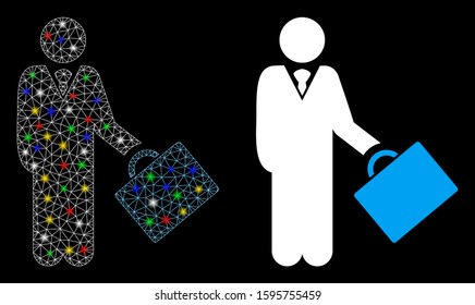 Flare mesh account manager icon with glow effect. Abstract illuminated model of account manager. Shiny wire frame polygonal mesh account manager icon. Vector abstraction on a black background.